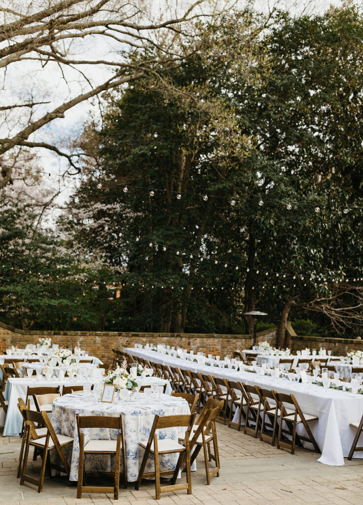 Reception setup on stone terrace at the Virginia House in Richmond, Virginia.