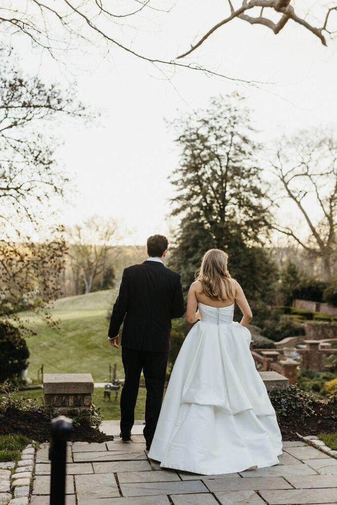Bride and groom during golden hour in the gardens at the Virginia House in Richmond, Virginia.