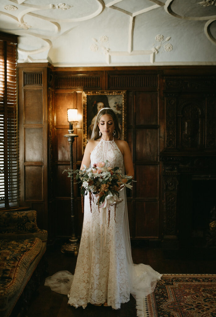 Bride in wedding gown inside the Virginia House wedding venue in Richmond, Virginia photographed by Rebecca Burt Photography