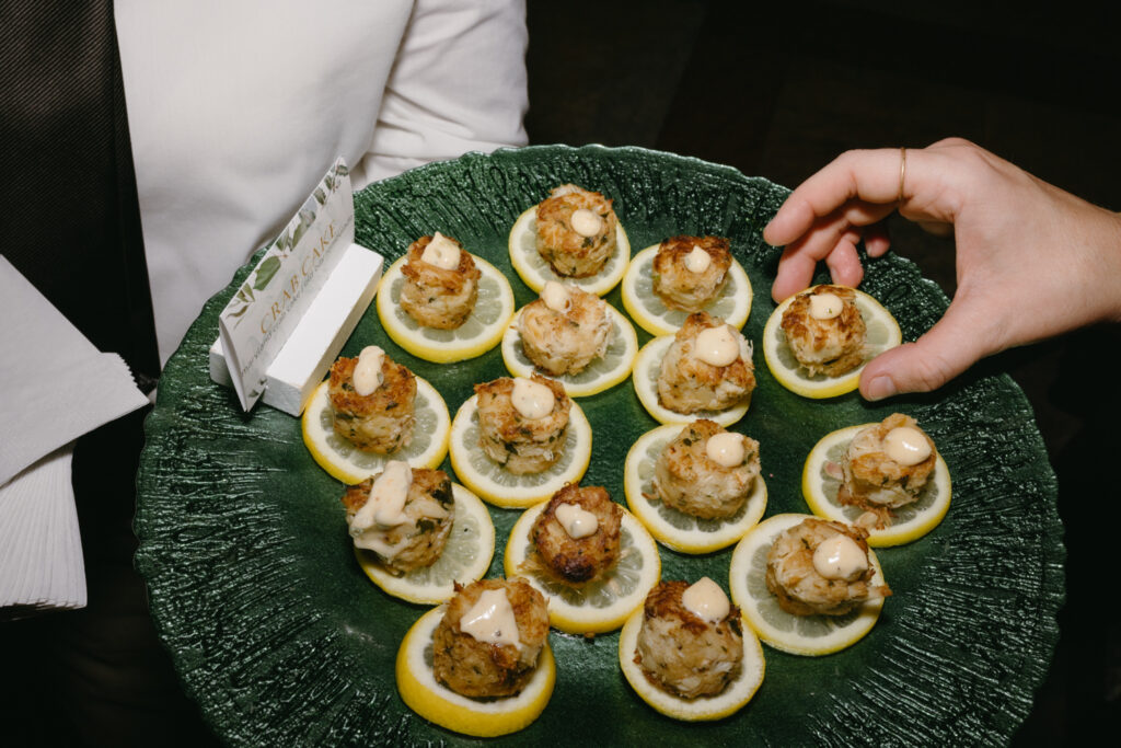 Detail shot of crab cakes being served at cocktail hour at Larz Anderson House DC Wedding