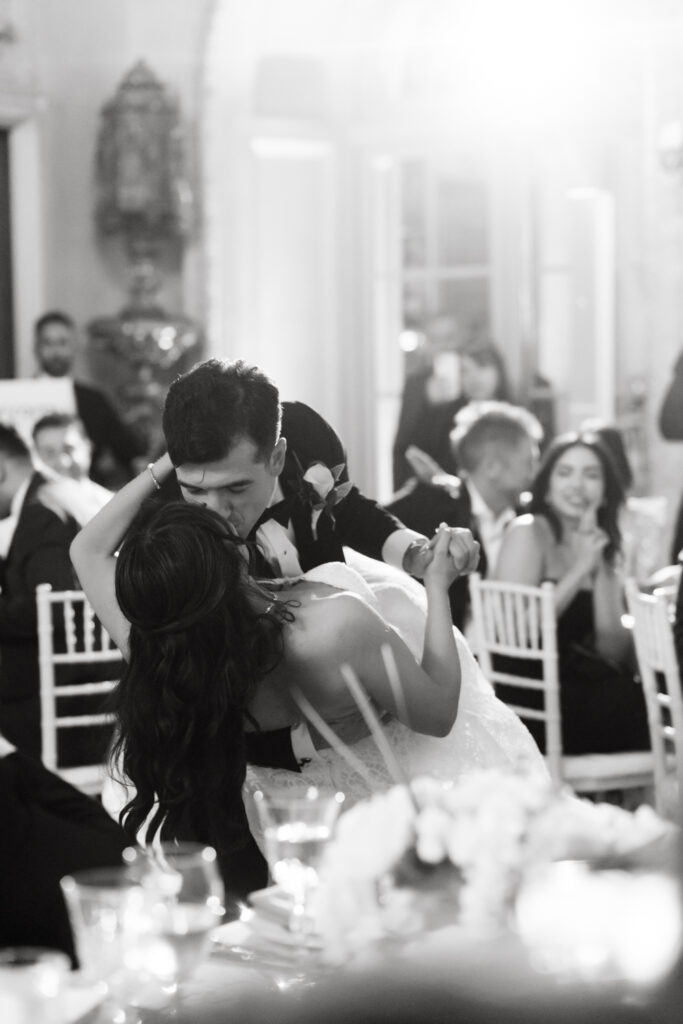 First dance in the ballroom during a black tie Larz Anderson House wedding