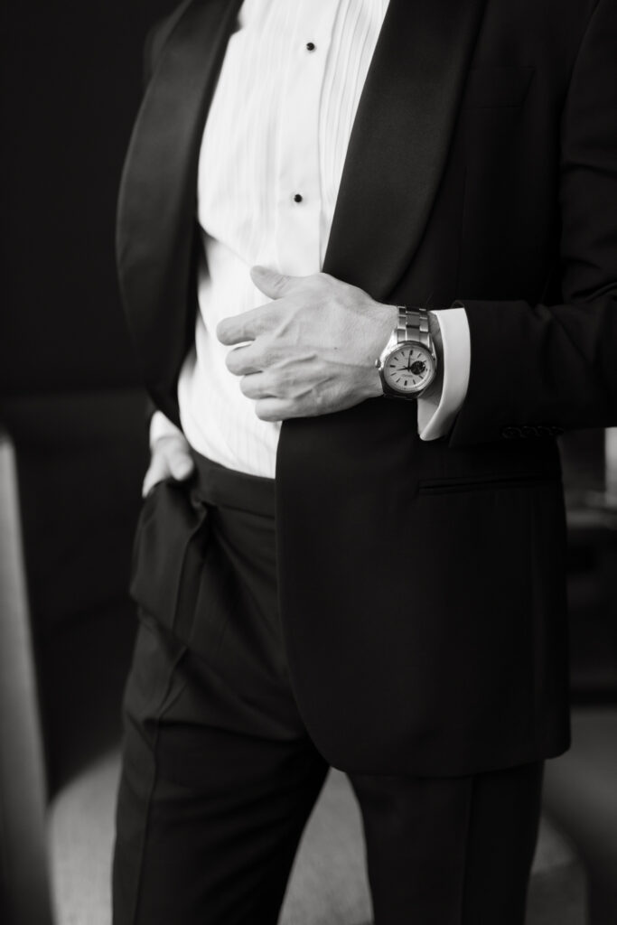 Detail of the groom's watch in the groom's getting ready suite at the Hyatt Hotel in Washington DC.