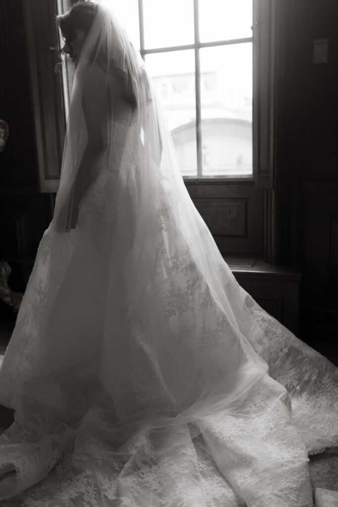Portrait of Bride's gown at her Larz Anderson House wedding in DC. 