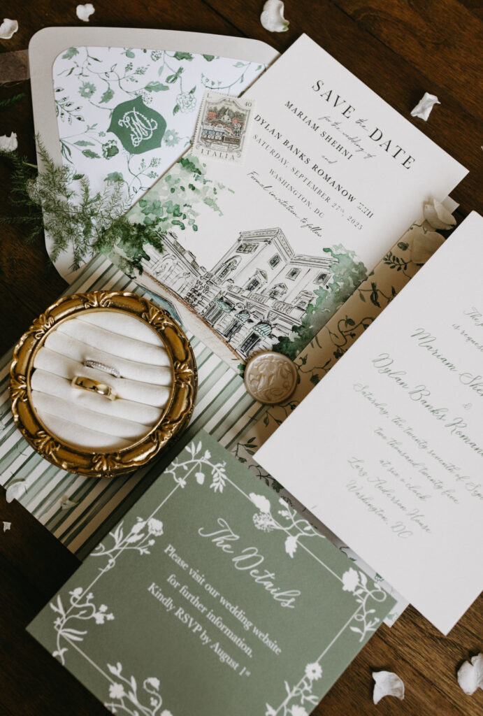 Italian inspired invitation suite and rings flatlay at Larz Anderson House DC Wedding