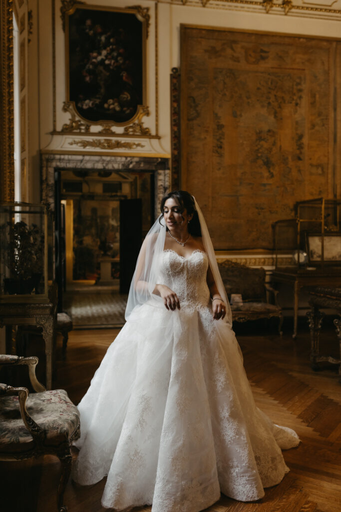 Portrait of bride walking in the Larz Anderson House in Washington DC 