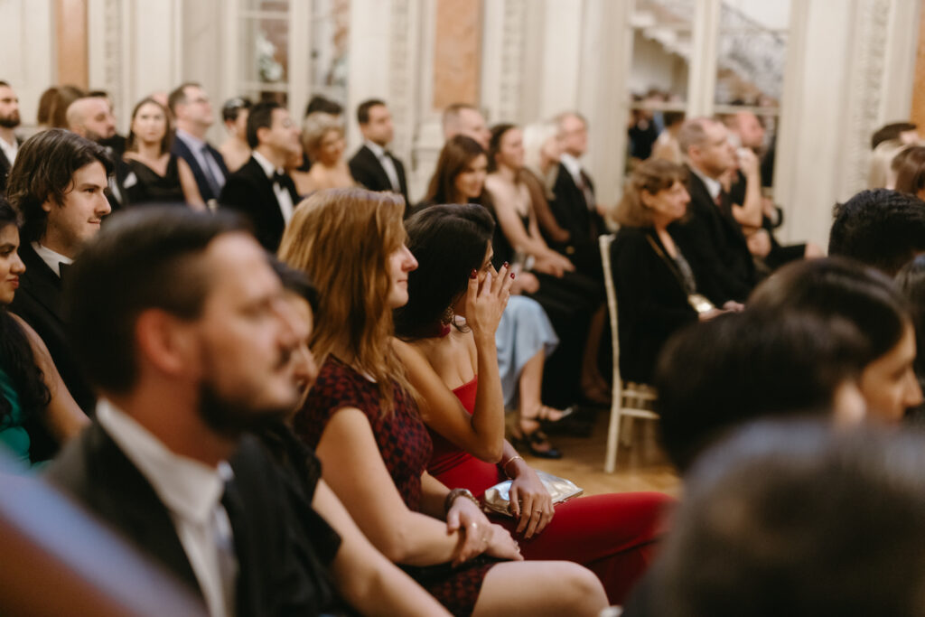 Guest crying at a formal ceremony at Larz Anderson House DC Wedding