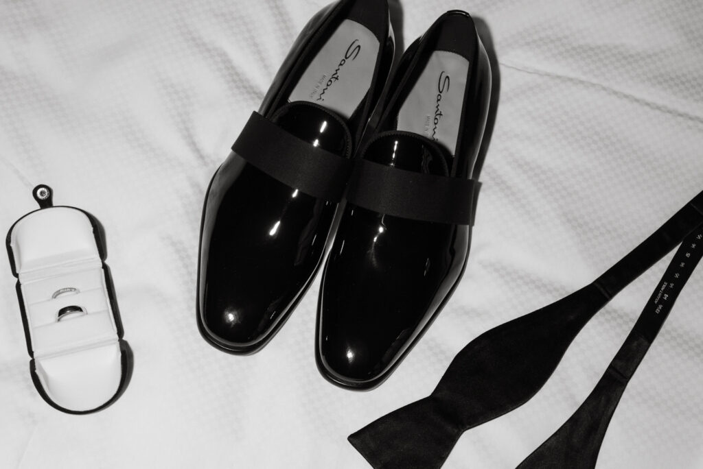 Detail of the groom's shoes in the groom's getting ready suite at the Hyatt Hotel in Washington DC.