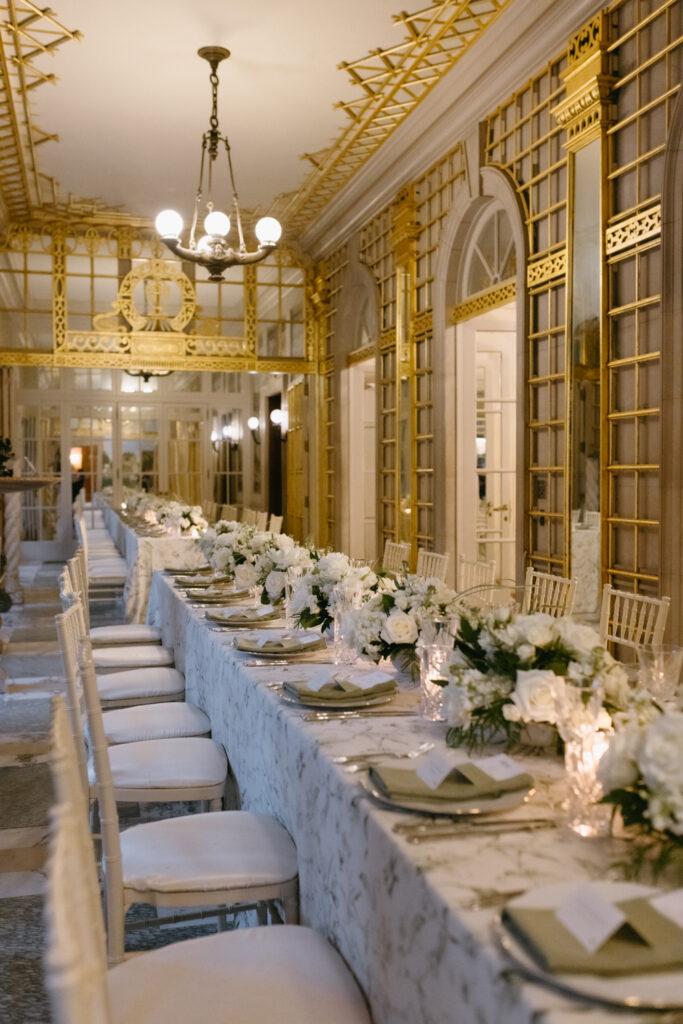 Black tie wedding reception tablescape inside the historic Larz Anderson House ballroom