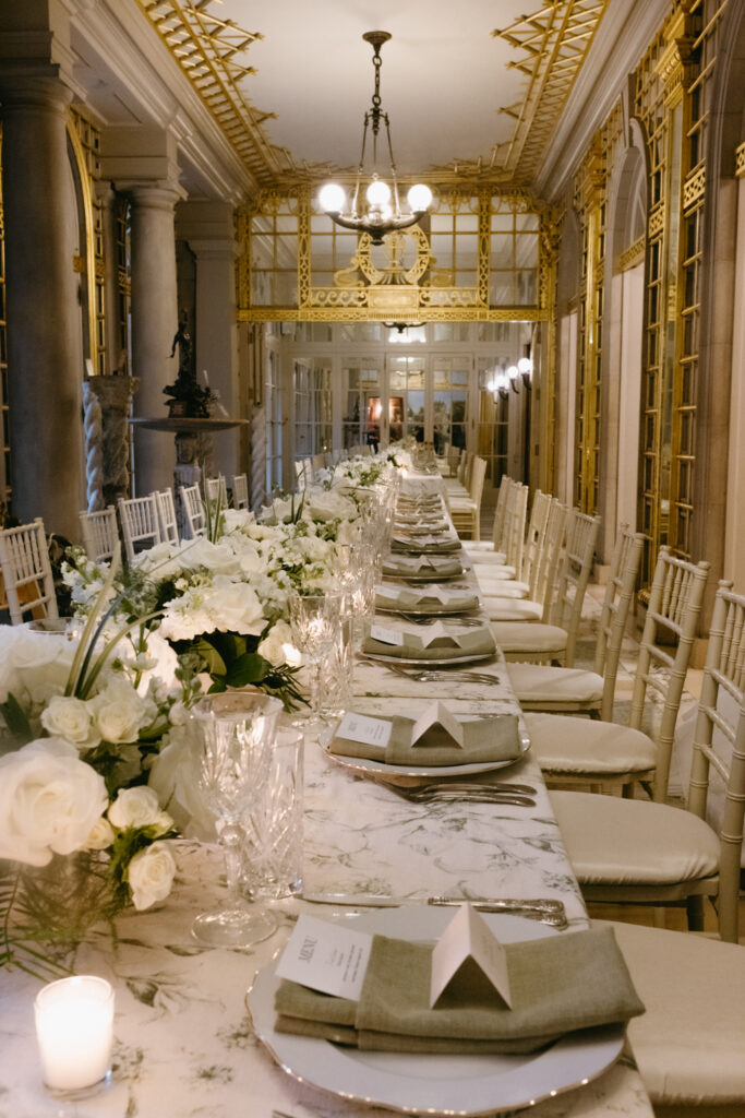 Black tie wedding reception tablescape inside the historic Larz Anderson House ballroom