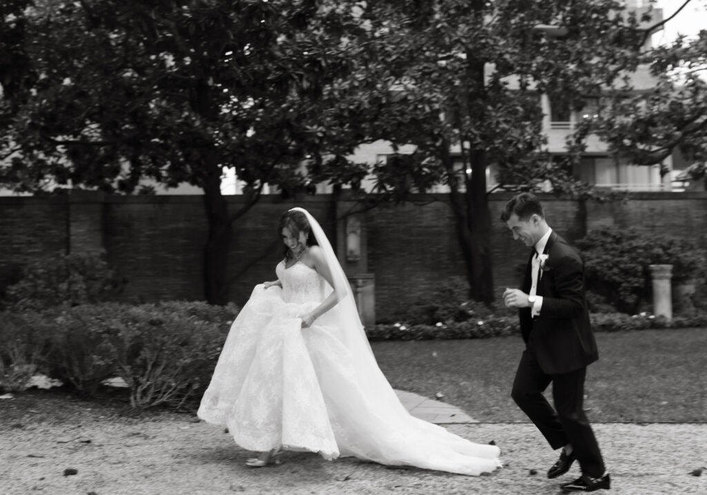 Evening portrait of the newlyweds outside the Larz Anderson House illuminated by soft lighting