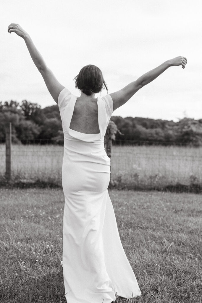 Bridal portrait in a scenic field with the Blue Ridge Mountains in the distance.