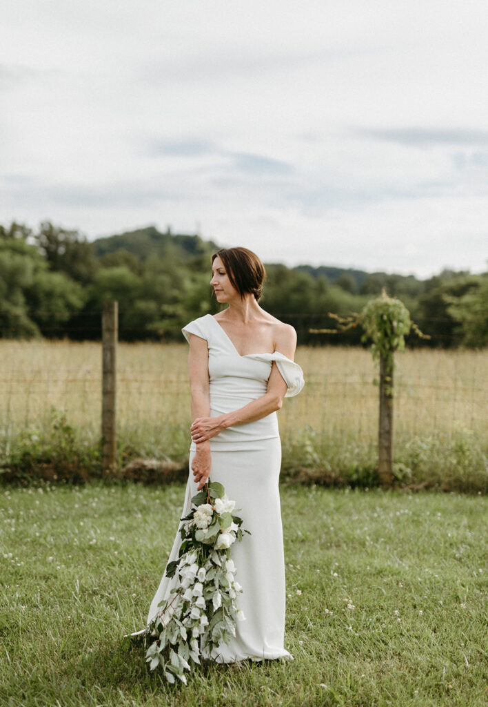 Bridal portrait in a scenic field with the Blue Ridge Mountains in the distance.