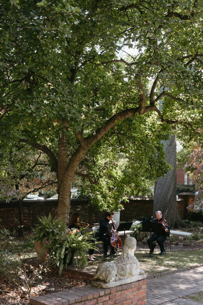 Live string band in garden wedding ceremony at Branch Museum Richmond wedding venue