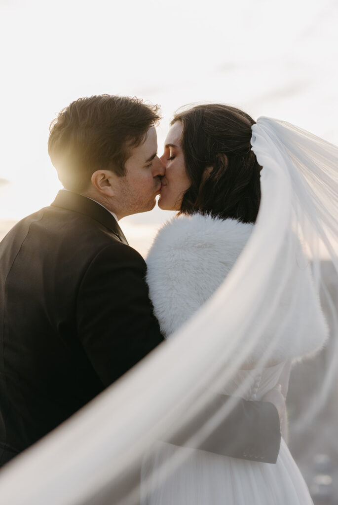 Bride and Groom portraits on their elopement day at Libby Hill in Richmond, Virginia at sunset.