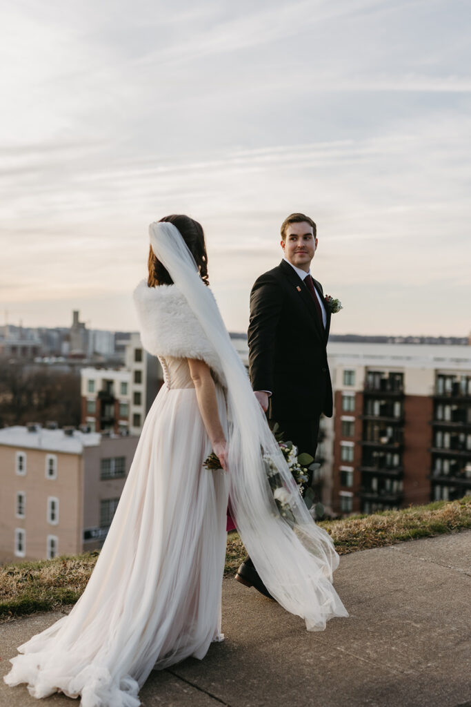 Bride and Groom portraits on their elopement day at Libby Hill in Richmond, Virginia at sunset.