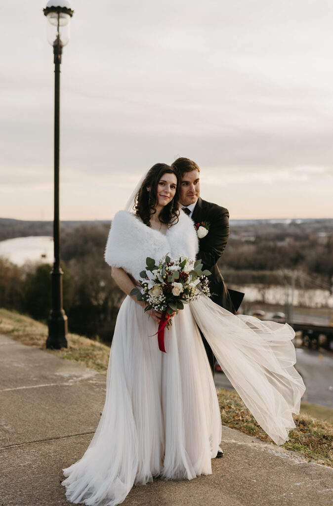 Bride and Groom portraits on their elopement day at Libby Hill in Richmond, Virginia at sunset.