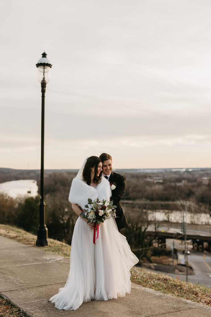 Bride and Groom portraits on their elopement day at Libby Hill in Richmond, Virginia at sunset.