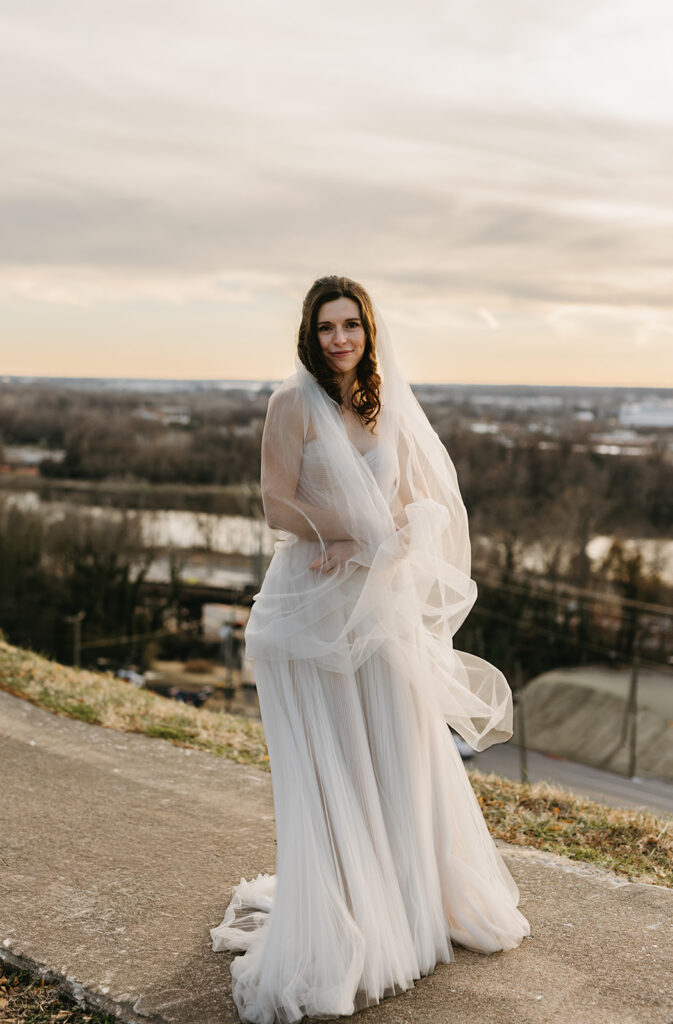 Bridal portraits on their elopement day at Libby Hill in Richmond, Virginia at sunset.