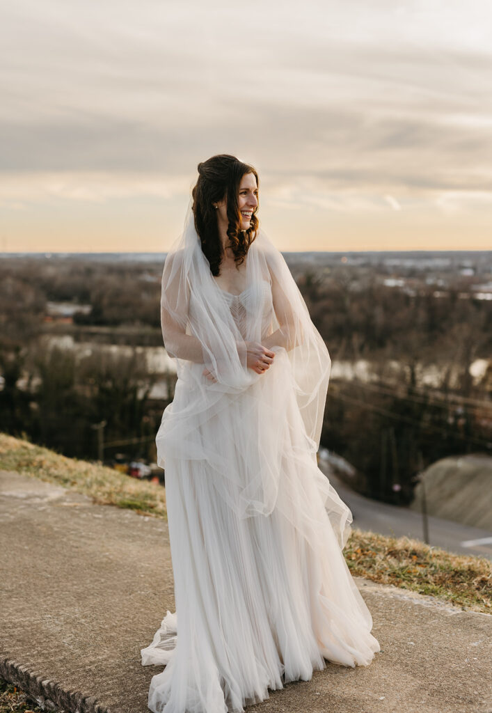 Bridal portraits on their elopement day at Libby Hill in Richmond, Virginia at sunset.