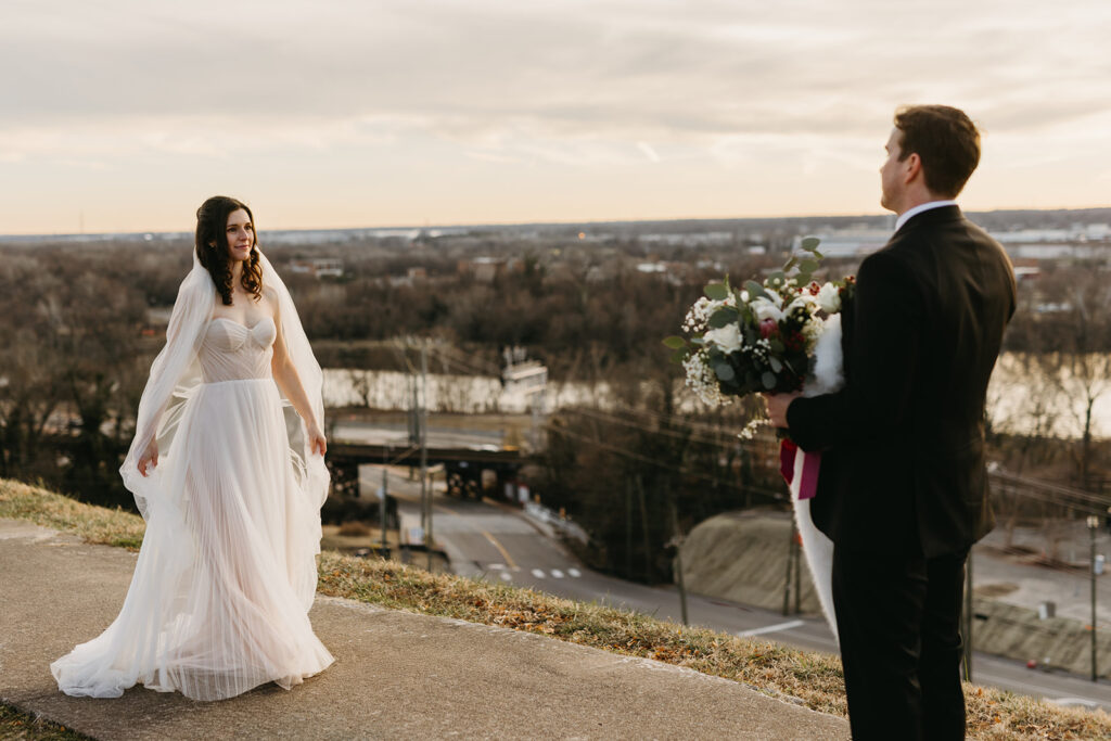 Bride and Groom portraits on their elopement day at Libby Hill in Richmond, Virginia at sunset.