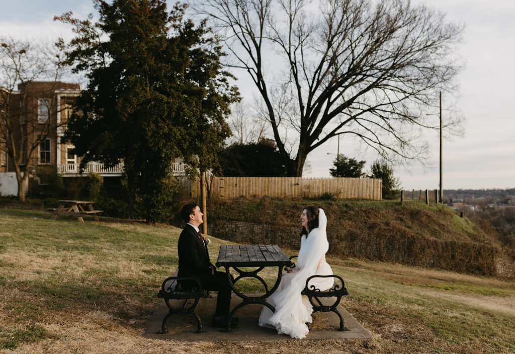 Bride and Groom portraits on their elopement day at Libby Hill in Richmond, Virginia at sunset.
