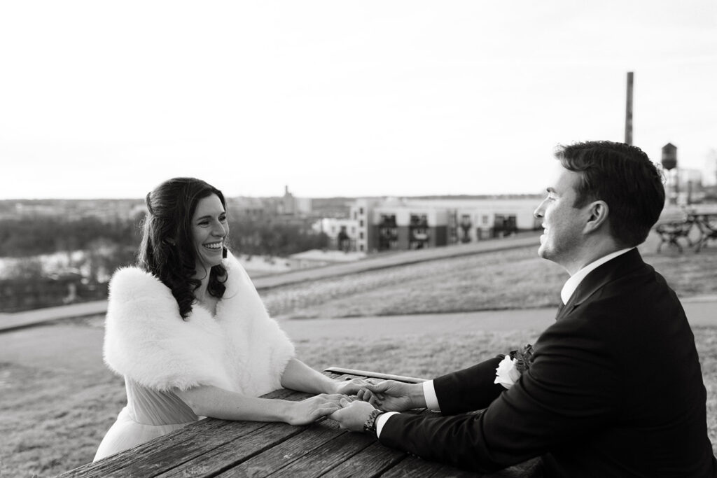 Bride and Groom portraits on their elopement day at Libby Hill in Richmond, Virginia at sunset.
