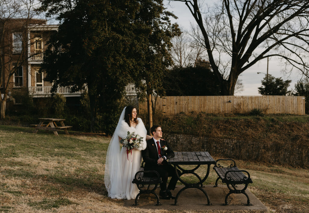 Bride and Groom portraits on their elopement day at Libby Hill in Richmond, Virginia at sunset.