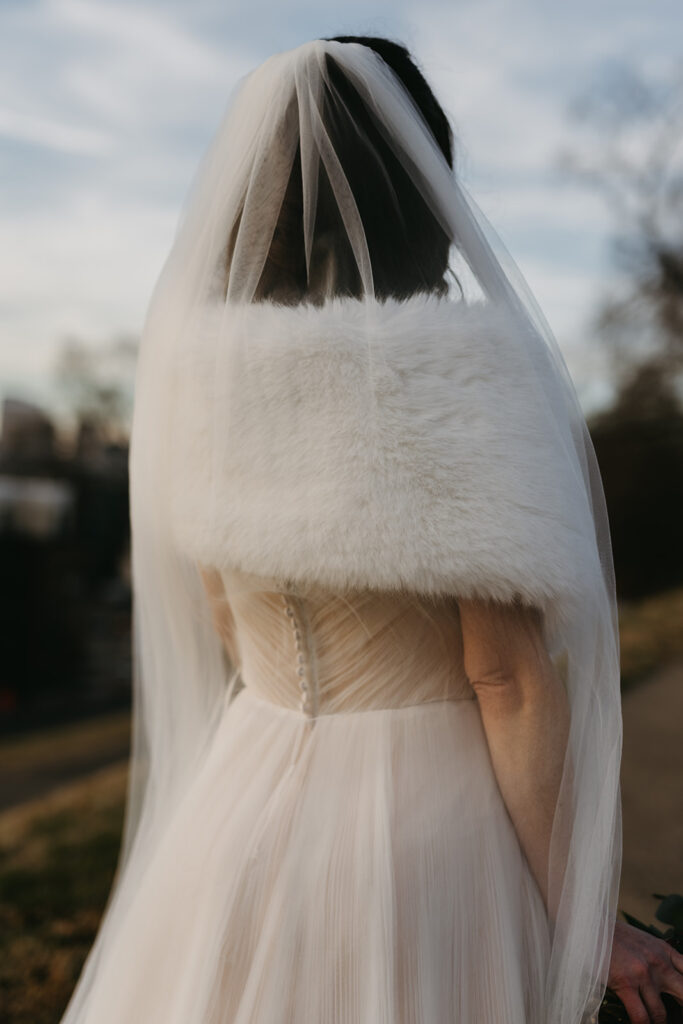 Bridal portraits on their elopement day at Libby Hill in Richmond, Virginia at sunset.