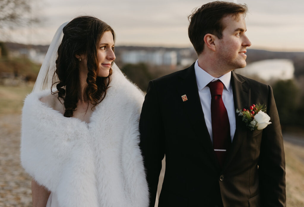 Bride and Groom portraits on their elopement day at Libby Hill in Richmond, Virginia at sunset.