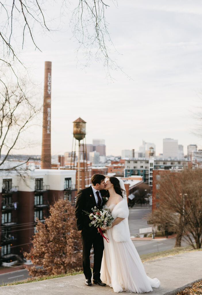 Bride and Groom portraits on their elopement day at Libby Hill in Richmond, Virginia at sunset.
