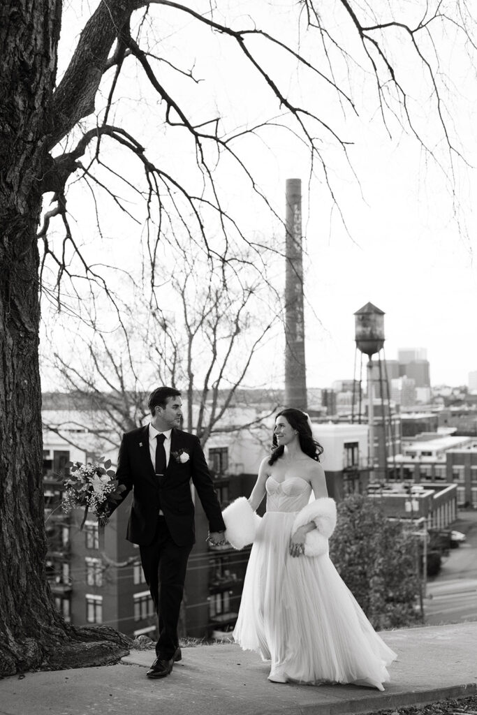 Bride and Groom portraits on their elopement day at Libby Hill in Richmond, Virginia at sunset.