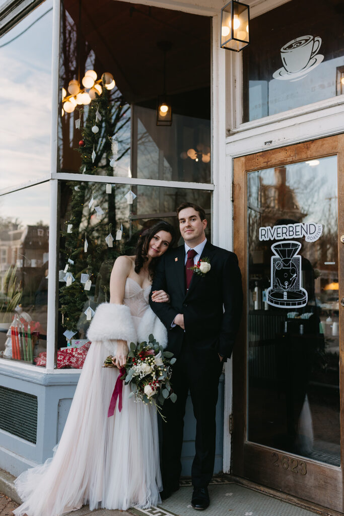 Bride and Groom standing in front of Riverbend Roastery in the Church Hill neighborhood of Richmond, Virginia.