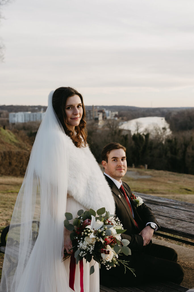 Bride and Groom portraits on their elopement day at Libby Hill in Richmond, Virginia at sunset.