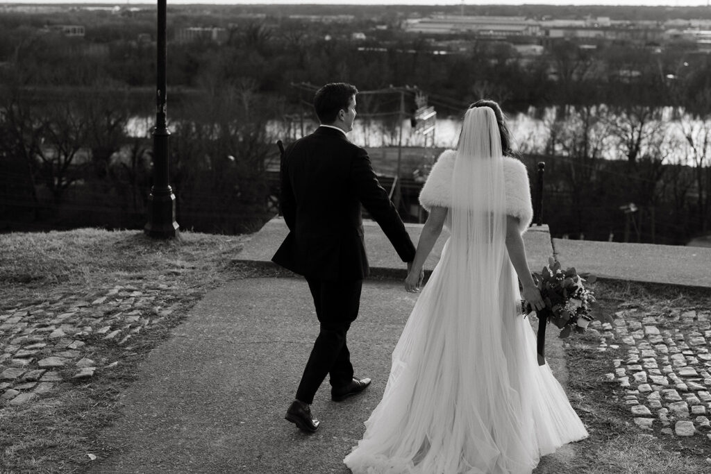 Bride and Groom portraits on their elopement day at Libby Hill in Richmond, Virginia at sunset.