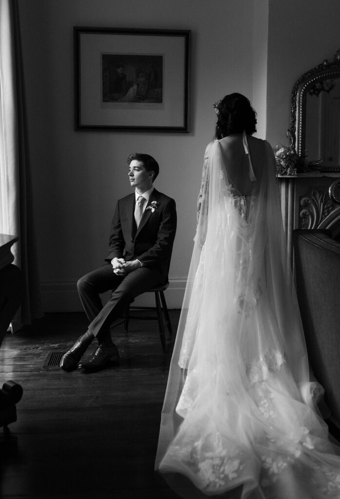 Bride and groom portraits in a getting ready suite at the Linden Row in Richmond, Virginia.