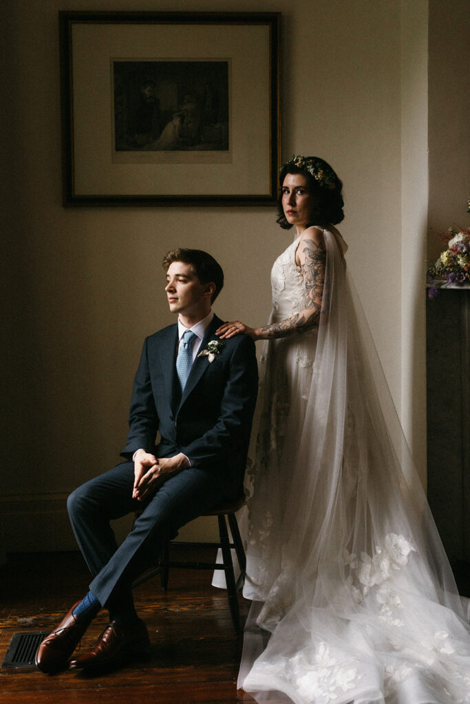 Bride and groom portraits in a getting ready suite at the Linden Row in Richmond, Virginia.