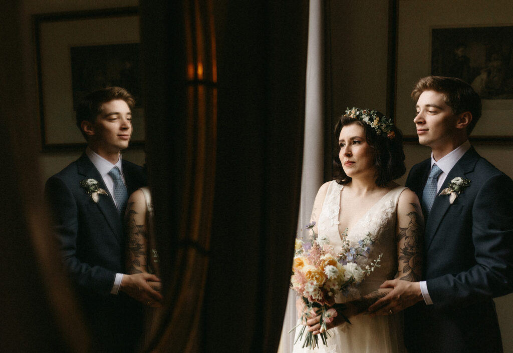 Bride and groom portraits in a getting ready suite at the Linden Row in Richmond, Virginia.