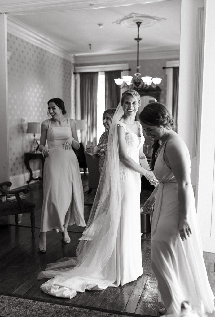 Bride getting ready at Linden Row on her wedding day.