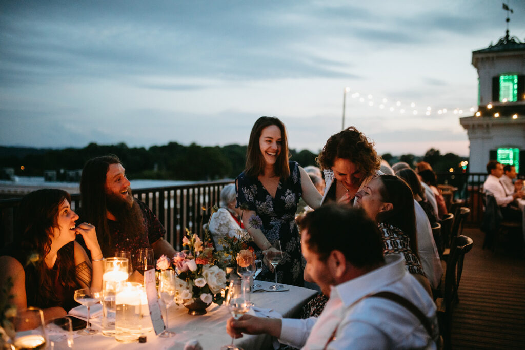 Abingdon Virginia summer wedding — lively reception with a disco dance floor at Summers Roof and Cellar, filled with laughter and dancing.